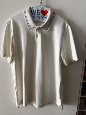 Theory Classic Men's Polo Shirt in Cream with Striped Collar size L